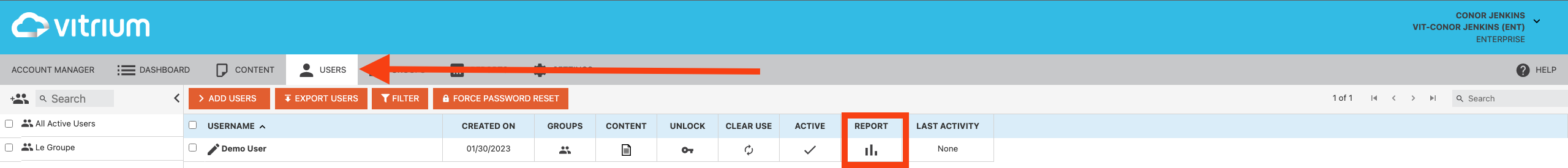 vitrium users reports tab screen