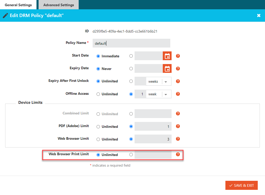 edit DRM Policy screen